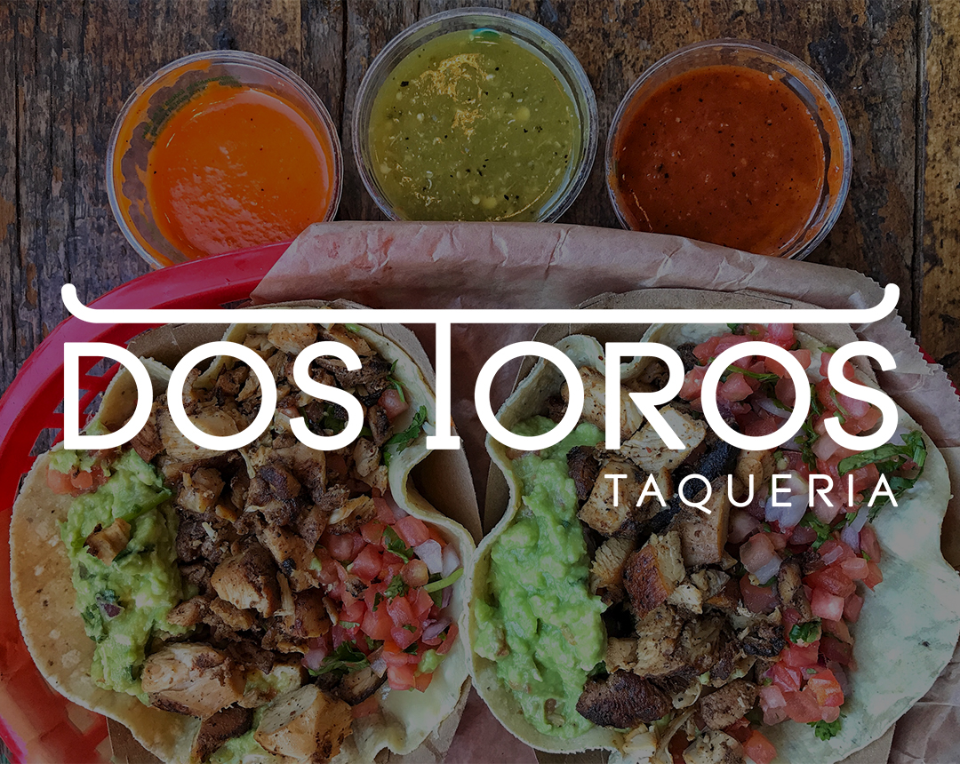 Dos Toros logo over images of tacos