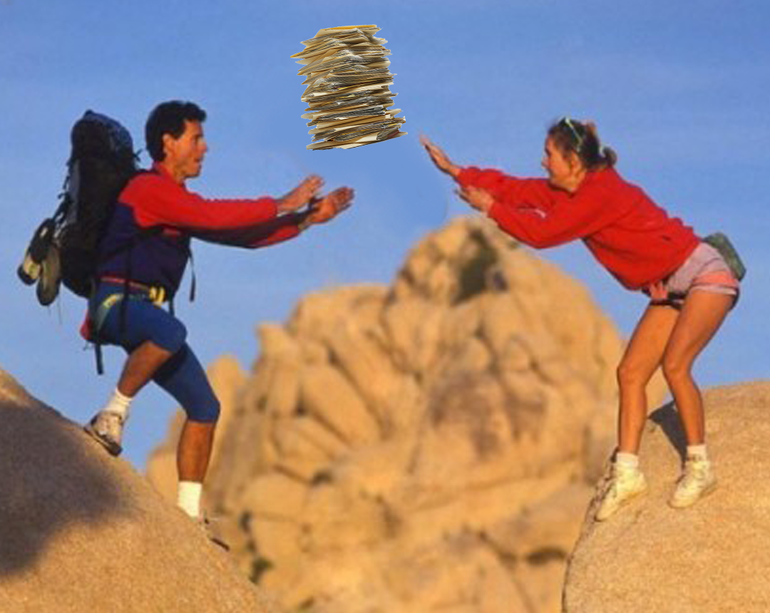 Man & Woman throwing stack of paper across chasm representing gap left by electronic invoices for restaurants.