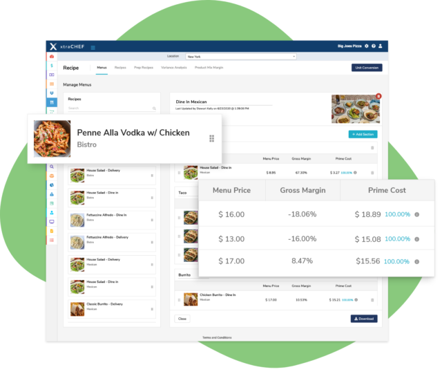 xtraCHEF by Toast drag-and-drop food costing software features a recipe builder interface and calculates menu price, gross margin, and prime cost